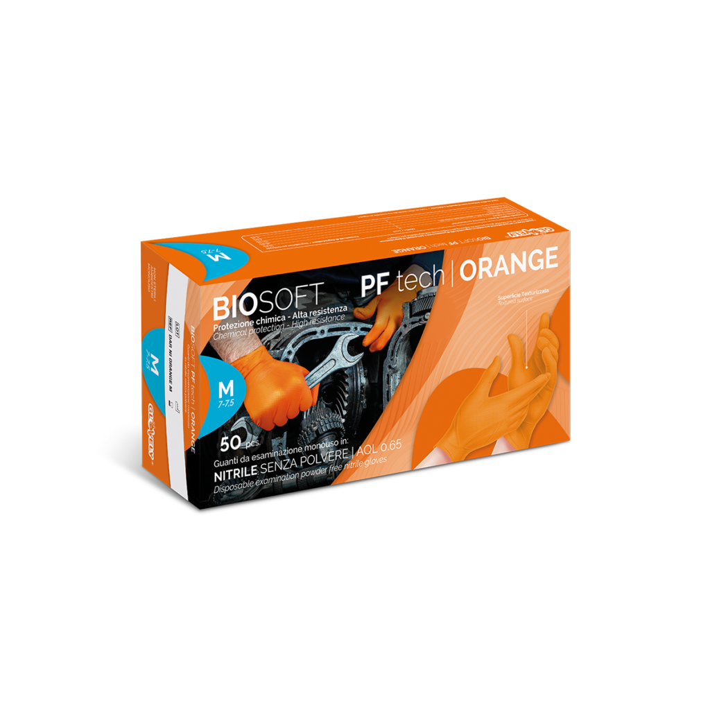 DARNIORANGE Biosoft PF Tech Orange - 500 Guanti in nitrile arancione, privo di lattice, senza polvere, superficie testurizzata 3D a diamante, idoneità alimentare