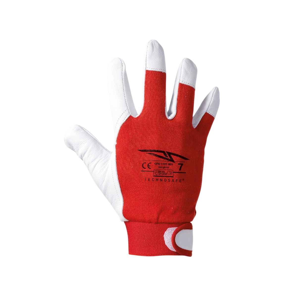 GFO1101WH 12 Paia Guanti con palmo, indice e pollice in pelle fiore ovina; dorso in tela di cotone elasticizzato; doppia cucitura di rinforzo tra indice e pollice e stringipolso regolabile con velcro.