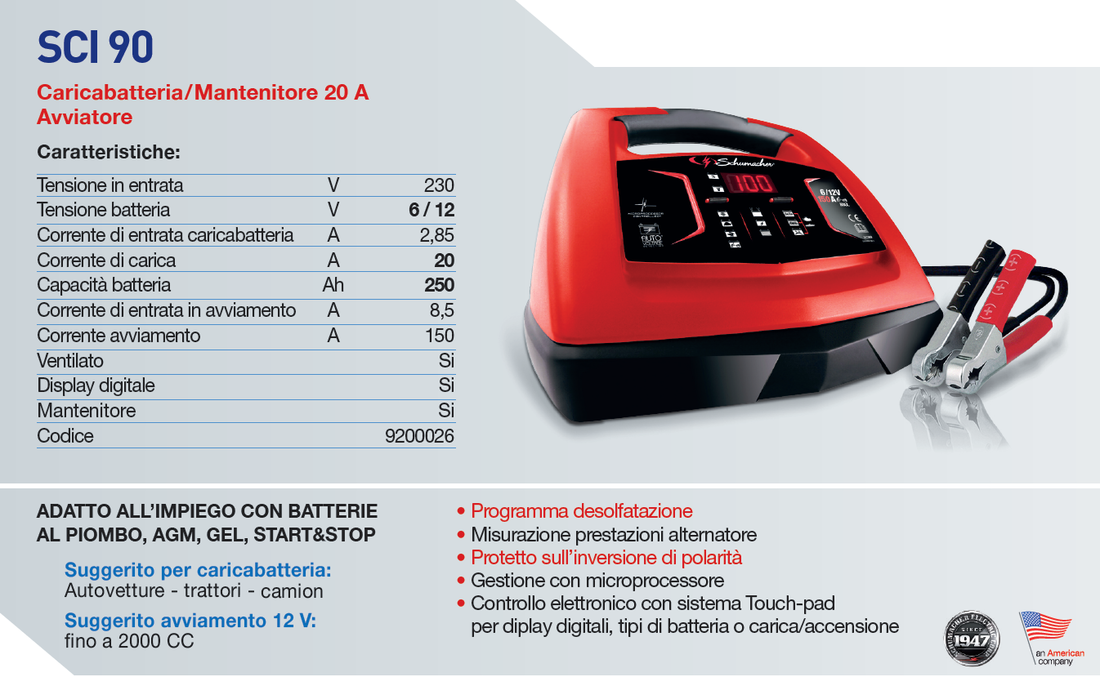 Schumacher SCI90 Caricabatteria 20A mantenitore e avviatore 9200026
