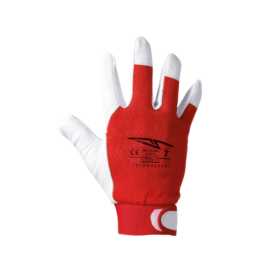 GFO1101WH 12 Paia Guanti con palmo, indice e pollice in pelle fiore ovina; dorso in tela di cotone elasticizzato; doppia cucitura di rinforzo tra indice e pollice e stringipolso regolabile con velcro.