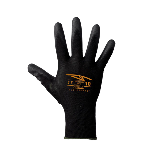 GPU1203BBS Guanti sintetici spalmati in poliuretano e polsini elasticizzati.Colore nero cartone da 120 paia